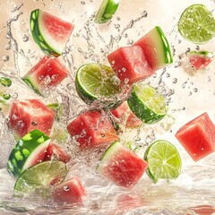 Canvas Print - Watermelon and lime slices splash in water.