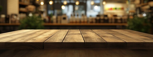 Sticker - 3D rendering of an empty wooden table in front of an abstract blurred coffee shop background suitable for product display mock up