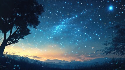 Aufkleber - Cartoon rendering in 3D of a blue starry sky at dawn