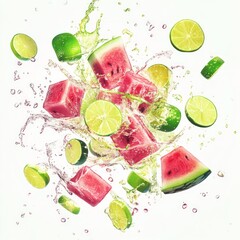 Canvas Print - Watermelon and lime slices splashing in air with water droplets.