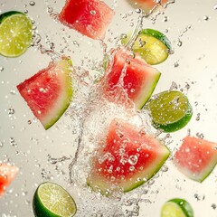 Poster - Watermelon and lime slices splashing in water.