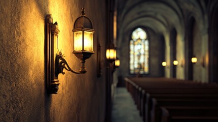 Sticker - 3D rendering of an antique wall lamp within a church interior