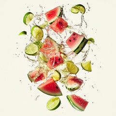 Canvas Print - Watermelon and lime slices splashing in water against a white background.