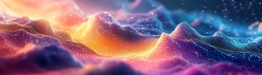 Abstract 3D Landscape with Glowing Particles and Colorful Hills