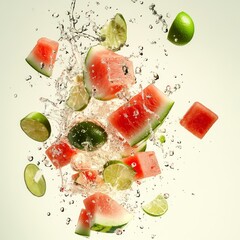 Sticker - Watermelon and lime slices splashing in water against a white background.