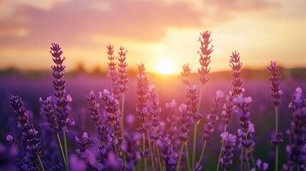 Wall Mural - A field of lavender in the sunset, symbolizing peace and tranquility, perfect for spa and wellness promotions