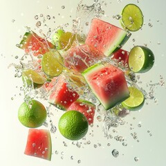 Wall Mural - Watermelon and lime slices splashing in water, creating a refreshing summer scene.