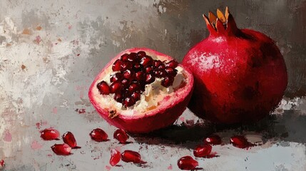 Close up of ripe juicy pomegranate seeds on a grey surface in an oil painting style highlighting the vibrant colors and textures of the fruit