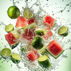 Sticker - Watermelon and lime slices suspended in mid-air with water splashing around them against a green background.