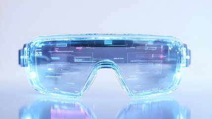 Holographic Glasses with Floating Text concept as A pair of futuristic holographic glasses with floating text symbols representing augmented reality in education with ample copy space on a white backg