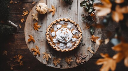 Wall Mural - Beautifully arranged vegan pumpkin pie on a rustic table surrounded by autumn leaves and warm lighting for Thanksgiving celebration