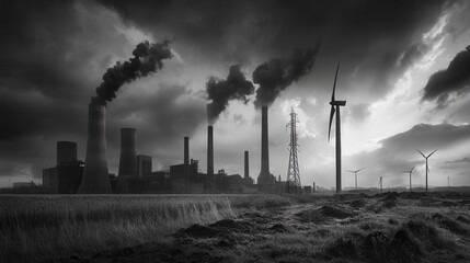 Aufkleber - Old factories emit smoke while modern wind turbines spin, showcasing the contrast between fossil fuels and renewable energy sources. Generative AI