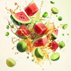 Poster - Watermelon and lime slices with juice splash.