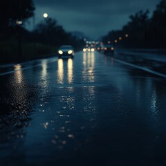 Poster - Wet asphalt road with blurry car headlights at night during a light rain.