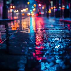 Poster - Wet city street with vibrant reflections of streetlights after rain.