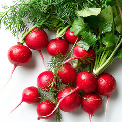 Wall Mural - Freshly harvested radishes and herbs on a clean white surface