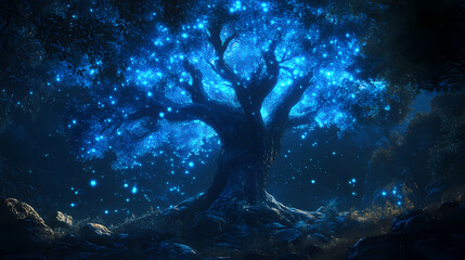 An ethereal tree radiates with mystical blue lights, creating a serene and magical atmosphere in a tranquil nocturnal forest. Mystic. Illustration