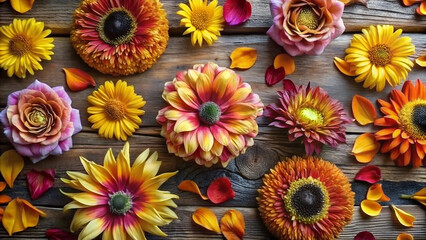 Vibrant flat lay of assorted flowers and petals arranged on a rustic wooden surface