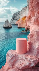 Wall Mural - A pink container is sitting on a rock near the ocean