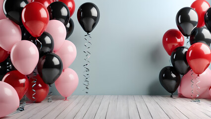 Wall Mural - Black and red balloons with ribbons on wooden floor