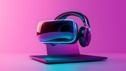 Laptop and headset with holographic communication tools and copy space isolated on white balance concept as Camera movement Focus on both the laptop and headset highlighting the glowing holographic co