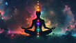 © Thiago - Meditating human silhouette in yoga pose. galaxy universe background. colorful chakras and aura glow. meditation on outer space background with glowing chakras. esoteric. Mystic. Illustration