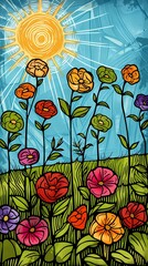 Wall Mural - Retro green morning glory flowers illustration poster background