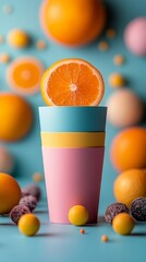 Poster - A colorful image of a cup with an orange slice on top and a bunch of oranges