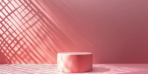 Aufkleber - Minimalistic rose colored podium in studio lighting A single cylinder stands against a rose background featuring a diagonal lattice 3D rendering