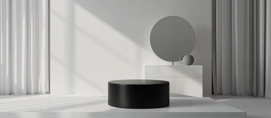 Poster - Black cylindrical podium on an abstract geometric white backdrop Modern pedestal stage featuring a cabinet mirror and spherical lighting Unoccupied minimalist studio Mockup area for cosmetic produ
