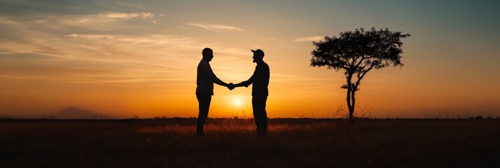 Two individuals shake hands in an open field during a sunset, symbolizing agreement, partnership, and connection with nature as the day transitions to night.