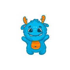 Wall Mural - Cute cartoon monster on white background. Blue Monster Icon. Happy Alien. Doodle Funny monster with horns.