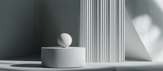 Poster - Minimalistic 3D gray and white cylindrical podium with an abstract geometric shape in a studio setting