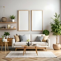 Modern living room interior mockup with two framed canvases above a white sofa and coffee table.