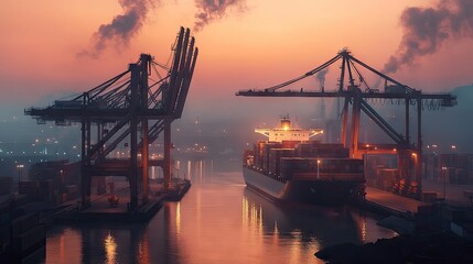 Dusk view of an industrial port with a large container ship being unloaded by towering cranes. Captures the end-of-day operations and port activity.