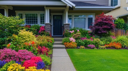 Elegant house front with a colorful garden and a neatly paved concrete walkway, perfect for real estate and home improvement projects.