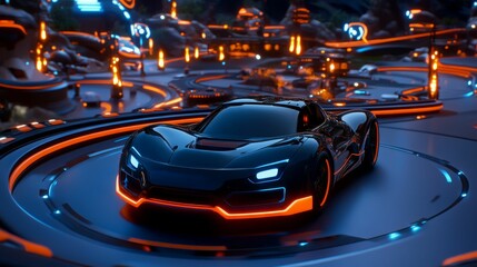 A sleek sports car races through a neon-lit futuristic track.