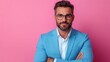© artfulserenity8 - A confident man in a light blue suit against a pink background.