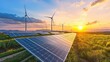 © kitidach - Breathtaking sunset over renewable energy sources with solar panels and wind turbines in a lush landscape.