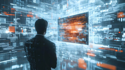 software developer coding in a glossy abstract virtual meeting concept as camera movement pan across