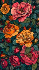 Poster - pink and orange rose plants pattern illustration poster background