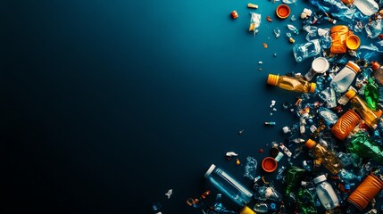 Aerial view of scattered plastic waste in the ocean, highlighting pollution and environmental issues with vibrant colors on a dark background.