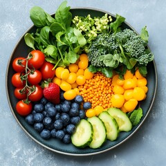 Colorful healthy vegan salad with fresh vegetables and fruits including tomatoes, blueberries, and cucumbers on a plate.