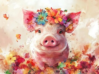 Cute Pig with Flower Crown Watercolor Illustration