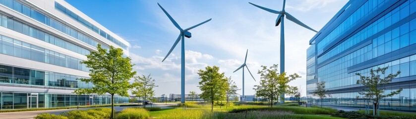 Modern architecture with wind turbines and greenery under a clear blue sky, symbolizing sustainability and eco-friendly design.