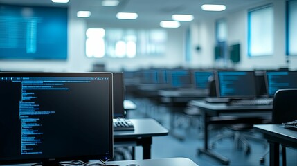 Computer Screen Displaying Code in a Modern Office Setting