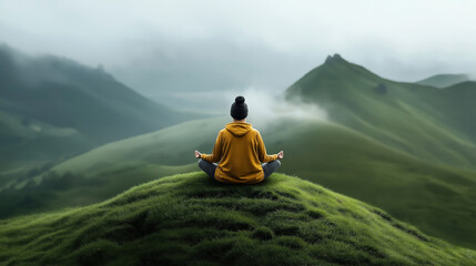 Poster - Person in a yellow hoodie and beanie meditates on a grassy hilltop overlooking a foggy, green mountainous landscape.