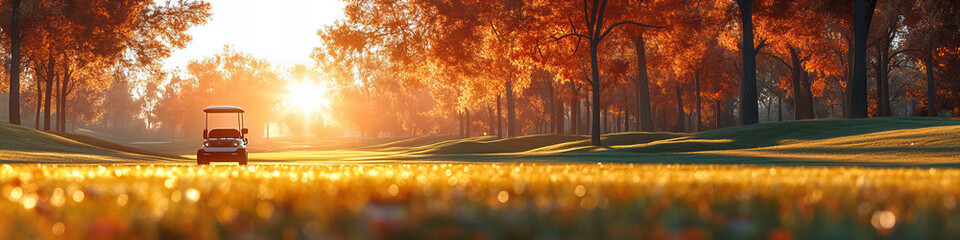 Golf cart on lush green golf course under a warm autumn sunset amidst colorful foliage and serene ambiance.