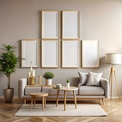 Modern living room interior mockup with 6 frames for artwork. posters. or photography.