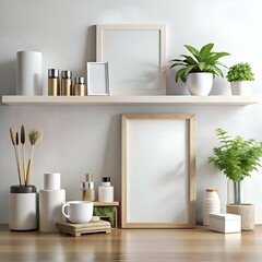 A minimalist and stylish interior design mockup featuring two blank frames. a white shelf. and various decorative elements.